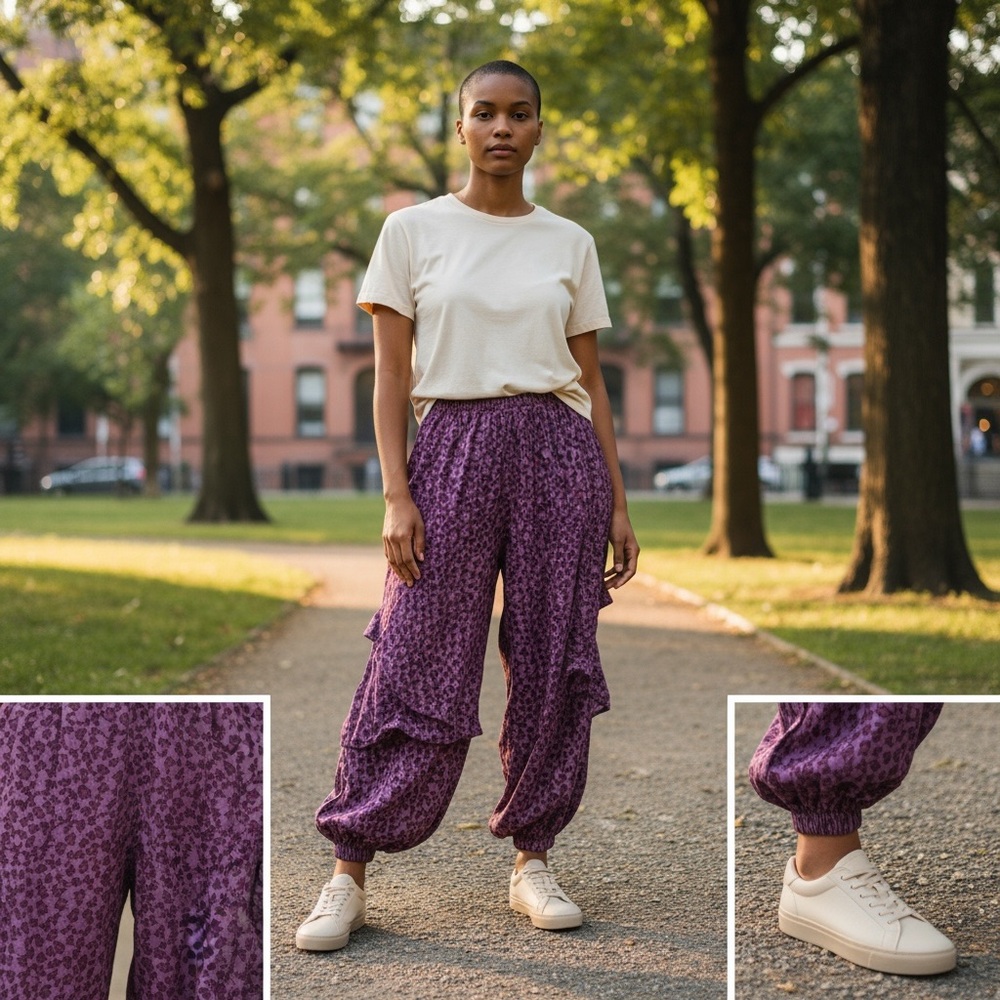 Bodil Y2K Boho Purple Balloon Festival Pants elastic waist-M - Picture 2 of 9